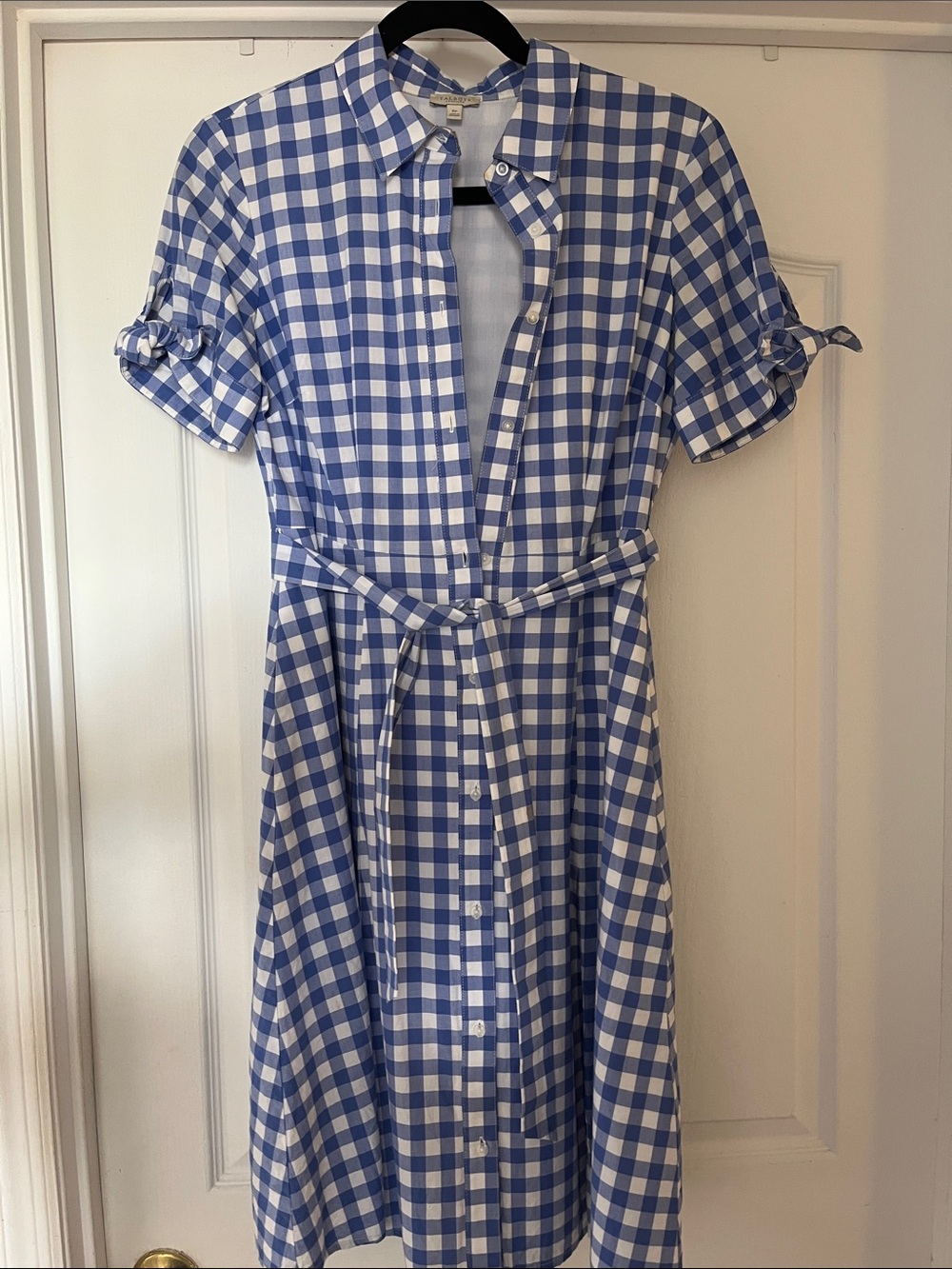 Talbots Blue and White Gingham Midi Shirt Dress with Tie Waist